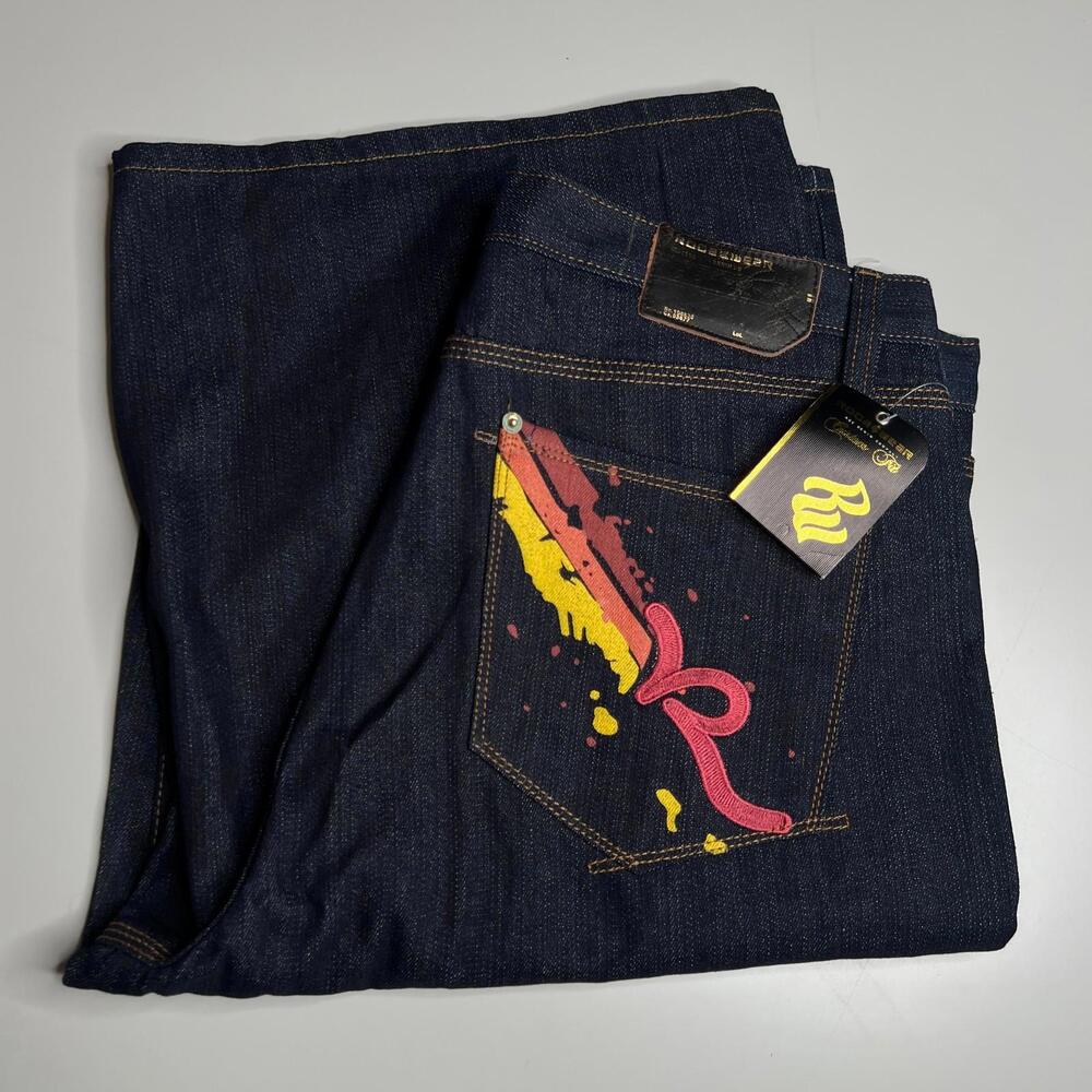 Rocawear Men’s Denim Shorts Size 38 Raw Blue Red Paint Graphic NWT $88 Hip Hop